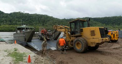 An Army landing craft mechanised Mk8 (LCM8) from 10th Force Support Battalion delivers plant equipment to the community of Ayton, Queensland as part of the ADF support to the region following the devastation of Ex-Tropical Cyclone Jasper. Story by Captain Diana Jennings. Photo by Leading Seaman Jarrod Mulvhill