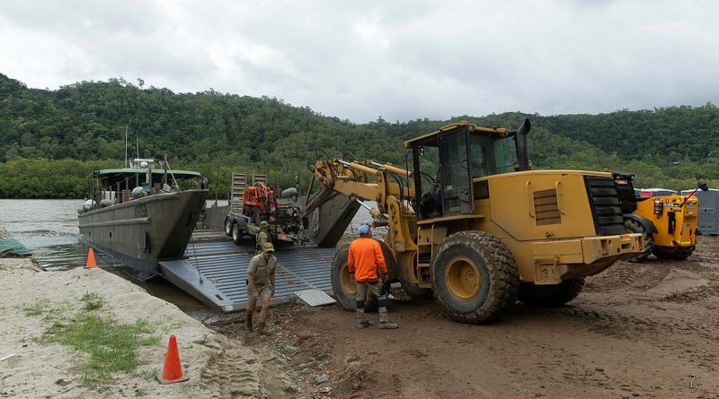 An Army landing craft mechanised Mk8 (LCM8) from 10th Force Support Battalion delivers plant equipment to the community of Ayton, Queensland as part of the ADF support to the region following the devastation of Ex-Tropical Cyclone Jasper. Story by Captain Diana Jennings. Photo by Leading Seaman Jarrod Mulvhill