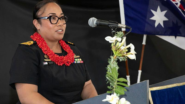 Commander Rose Apikotoa addresses family, Defence members and guests at the handover takeover ceremony conducted at HMAS Moreton, Queensland. Story by Lieutenant Rebecca Williamson. Photo by Corporal Brett Sherriff.