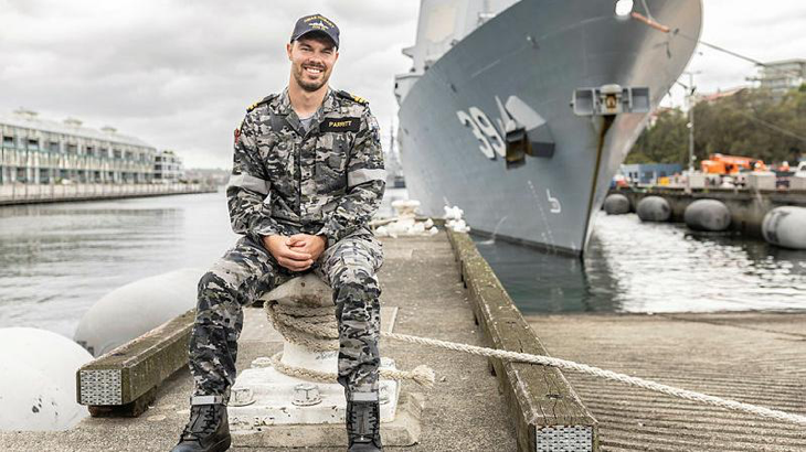 Engineering Officer Lieutenant Parritt in front of HMAS Hobart, Sydney, NSW. Story by Corporal Jacob Joseph. Photo by Able Seaman Lucinda Allanson.