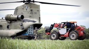 Food and supplies unloading from an Australian Army CH-47 Chinook at Cooktown. Photo by Corporal Jessica de Rouw.