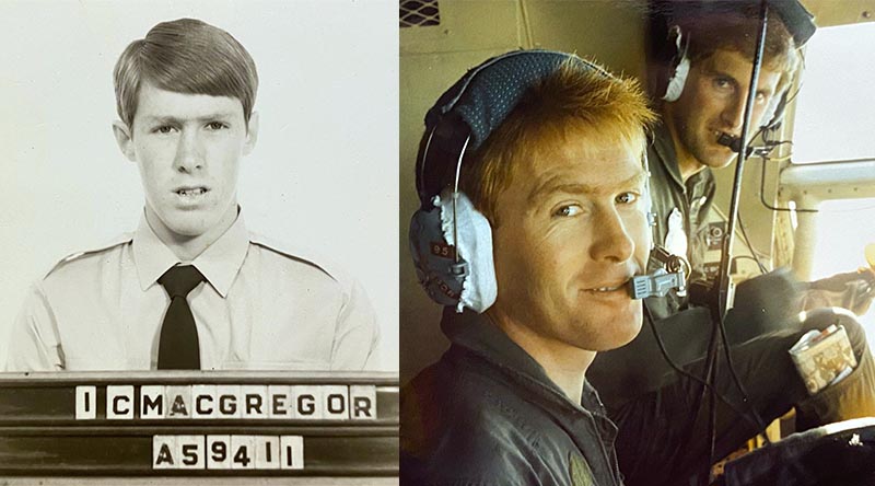 Ian 'Blue' Macgregor on enlistment day and on the flight deck.