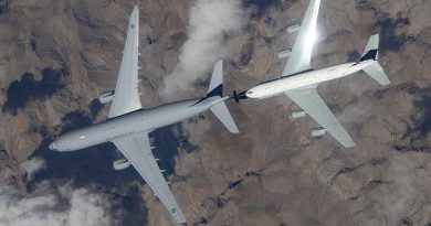 A Royal Australian Air Force KC-30A Multi-Role Tanker Transport from No 33 Squadron (left) conducts air-to-air refuelling trials with a United States Air Force Boeing RC-135. Photo supplied by USAF.