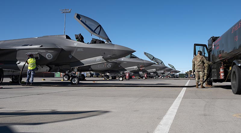 A Royal Australian Air Force F-35A Lightning II is refuelled by a United States Air Force tanker at Exercise Red Flag Nellis 24-1 in Nevada, USA. USAF photo.