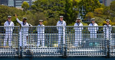 Crew members on HMAS Warramunga wave goodbye to loved ones as they depart Fleet Base East, Sydney, to conduct an Indo-Pacific Presence Deployment. Photo by Able Seaman Zac Dingle.