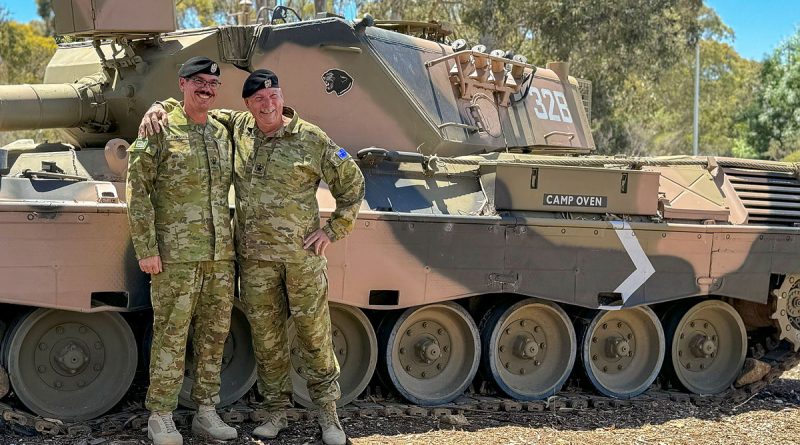 Warrant Officer Class Two William Parsons, right, with his son Warrant Officer Class Two Robert Parsons, outside the Royal Australian Armoured Corps Sergeants' Mess at the Puckapunyal Military Area. Story by Corporal Luke Bellman.