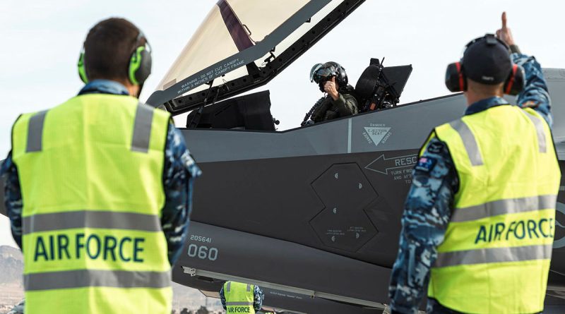 A RAAF F-35A Lightning II pilot gives the thumbs up during Exercise Red Flag Nellis in Nevada, US. Story by Flight Lieutenant Claire Burnet.