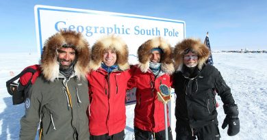 Australian and New Zealand Defence Force members, from left, Petty Officer Vincent Carlsen, ex-sailors Kelly Kavanagh, Durham (Jack) Forbes and Sean (Squizz) Taylor skied for 62 days to reach the South Pole. Story by Captain Krysten Clifton. Photo by Kelly Kavanagh.