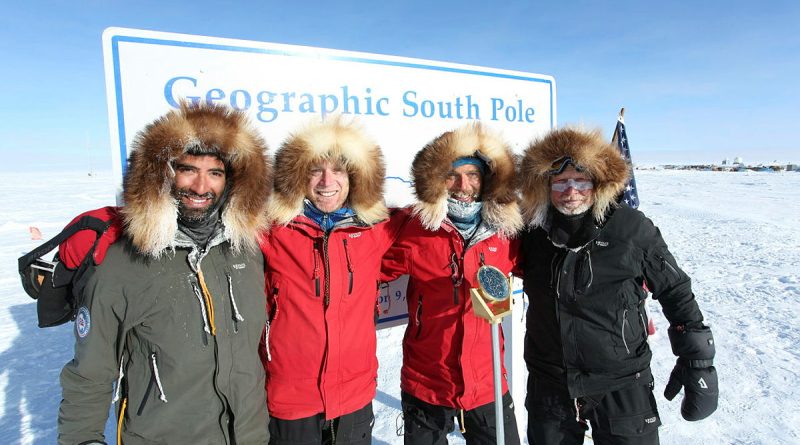 Australian and New Zealand Defence Force members, from left, Petty Officer Vincent Carlsen, ex-sailors Kelly Kavanagh, Durham (Jack) Forbes and Sean (Squizz) Taylor skied for 62 days to reach the South Pole. Story by Captain Krysten Clifton. Photo by Kelly Kavanagh.
