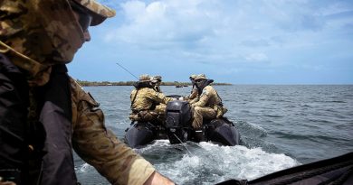 Soldiers from the 8th/12th Regiment, Royal Australian Artillery, conduct intelligence, surveillance and reconnaissance operations via Zodiac small watercraft as part of Operation Resolute in the Kimberley Marine Park, WA. Story by Captain Annie Richardson. Photo by Corporal Gregory Scott.
