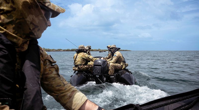 Soldiers from the 8th/12th Regiment, Royal Australian Artillery, conduct intelligence, surveillance and reconnaissance operations via Zodiac small watercraft as part of Operation Resolute in the Kimberley Marine Park, WA. Story by Captain Annie Richardson. Photo by Corporal Gregory Scott.