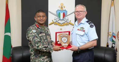 Maldives Vice Chief of Defence Force, Brigadier General Ibrahim Hilmy, presents a shield to Indo-Pacific Endeavour 23 Commander, Air Commodore Tony McCormack, following key leadership engagement in Male during the Indo-Pacific Endeavour visit in January 2024. Story by Lieutenant Geoff Long.