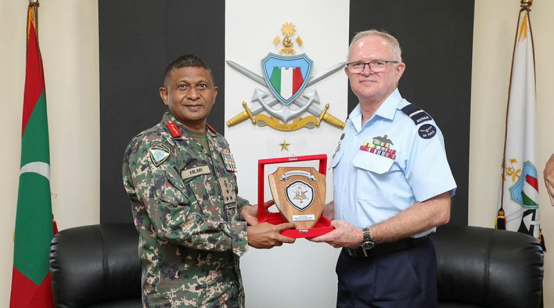 Maldives Vice Chief of Defence Force, Brigadier General Ibrahim Hilmy, presents a shield to Indo-Pacific Endeavour 23 Commander, Air Commodore Tony McCormack, following key leadership engagement in Male during the Indo-Pacific Endeavour visit in January 2024. Story by Lieutenant Geoff Long.