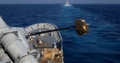 HMAS Warramunga fires its 5-inch naval gun during a joint live-firing with USS Halsey while at sea on regional presence deployment. Story by Lieutenant Commander Andrew Herring. Photos by Petty Officer Leo Baumgartner.