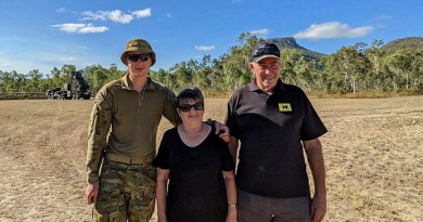 Australian Army soldier Bombardier Jordan Whicker with grandparents, Sue and Dean Wilkinson, in Townsville during a tour of a Patriot missile launcher in 2021. Story by Sergeant Matthew Bickerton.