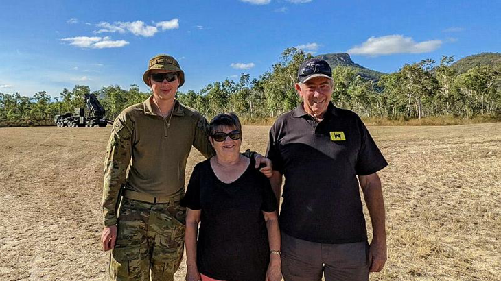Australian Army soldier Bombardier Jordan Whicker with grandparents, Sue and Dean Wilkinson, in Townsville during a tour of a Patriot missile launcher in 2021. Story by Sergeant Matthew Bickerton.