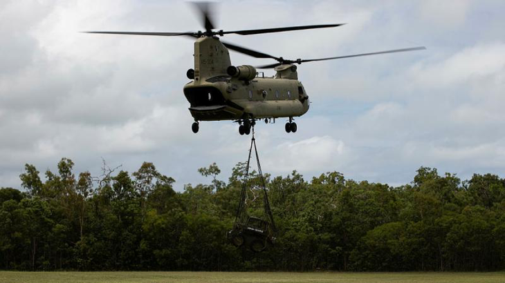 An Australian Army CH-47F Chinook delivers plant equipment and additional personnel to the community of Bloomfield, Queensland, as part of the ADF support to the region following Ex Tropical Cyclone Jasper. Story by Corporal Michael Rogers. Photos by Leading Seaman Jarrod Mulvihill.