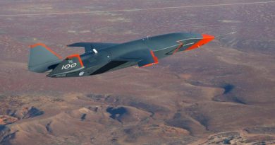 A ‘Loyal Wingman’ prototype – now called MQ-28A Ghost Bat – flies over Woomera, South Australia. Photo by Flight Lieutenant Ricky Treloar.