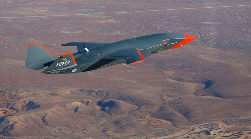 A ‘Loyal Wingman’ prototype – now called MQ-28A Ghost Bat – flies over Woomera, South Australia. Photo by Flight Lieutenant Ricky Treloar.