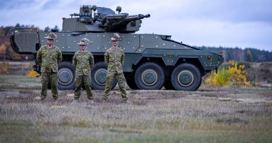 Sergeant Chris Hughes, left, Lance Corporal Ben Crawford and Trooper Liam Skinner supported testing of the Boxer combat reconnaissance vehicle. Story by Lieutenant Colonel Ryan. Photos by Marcus Jacobs.