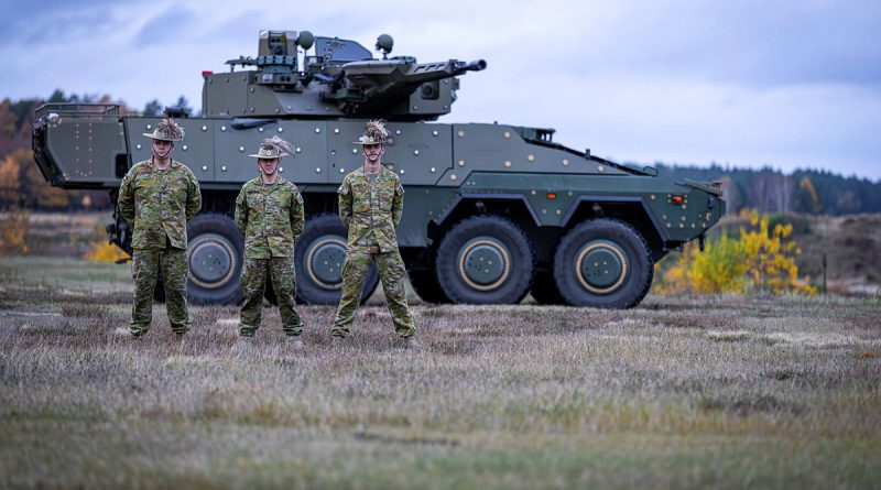 Sergeant Chris Hughes, left, Lance Corporal Ben Crawford and Trooper Liam Skinner supported testing of the Boxer combat reconnaissance vehicle. Story by Lieutenant Colonel Ryan. Photos by Marcus Jacobs.