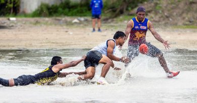 Local participants take part in a practice match during an ADF Australian rules coaching course at Linkbelt Oval, Yangor, Nauru. Story by Squadron Leader Amanda Scott. Photos by Leading Seaman Matthew Lyall.