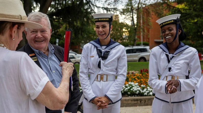 Able Seaman Georgia Bonnett, second from right, and Seaman Vimbayi Hakutangwi, right, talk with veterans in Bathurst during HMAS Harman's Navy Week tour of the central west. Story and photos by Corporal Jacob Joseph.