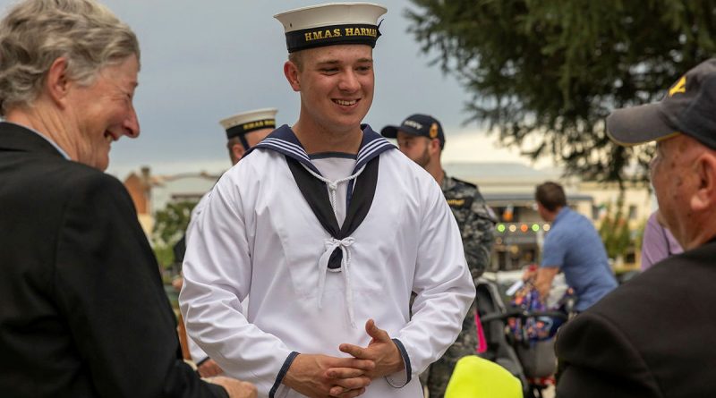 Navy gap year sailor Seaman Ross Hunter chats with veterans in Bathurst during HMAS Harman's Navy Week tour of the central west, NSW. Story and photos by Corporal Jacob Joseph.