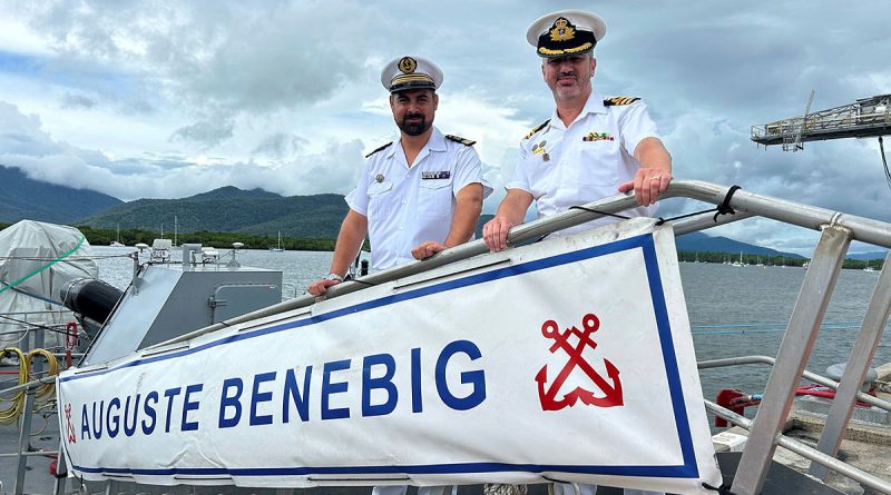 Commander French Navy POM Auguste Benebig Jean-Francois Cabaret with HMAS Cairns Commanding Officer Alfonso Santos. Story by Corporal Michael Rogers. Photo by Ken Wilson.