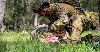 An Army medic from 2nd Health Battalion gives emergency medical care to simulated casualties during Exercise Viper Walk. Story and photos by Corporal Melina Young.