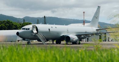 RAAF maintenance personnel from 11 Squadron conduct post-flight checks on a P-8A Poseidon aircraft at Roland Garros Airport, Réunion. Story by Flight Lieutenant Glen Paul. Photos by Corporal Kieren Whiteley.