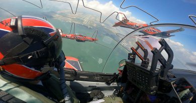 Roulette 2 Flight Lieutenant James Dutschke flies in formation over Changi, Singapore, during the Roulettes display at the Singapore Airshow. Story by Flight Lieutenant Greg Hinks.