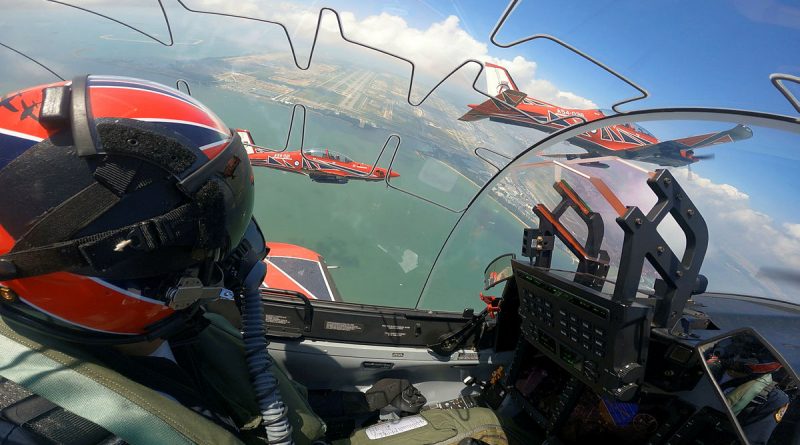 Roulette 2 Flight Lieutenant James Dutschke flies in formation over Changi, Singapore, during the Roulettes display at the Singapore Airshow. Story by Flight Lieutenant Greg Hinks.