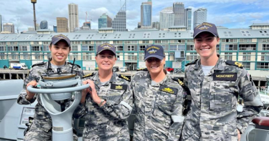 Able Seaman Kendall Byrnes, left, Commander Tina Brown, Lieutenant Tori Costello and Sub-Lieutenant Cameron Moncrieff on board HMAS Hobart. Story by Sub-Lieutenant Madelyn Hanna.