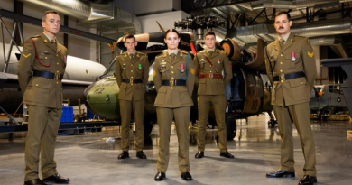 The 2024 recipients of the Jonathan Church Good Soldiering award, from left Lance Corporal Lachlan Goulding, Private Caleb Walker, Sergeant L, Lieutenant Lachlan Maill and Corporal Jordan Neal, during a tour of the Australian War Memorial Annex, Canberra. Story and photo by Leading Seaman Nadav Harel.