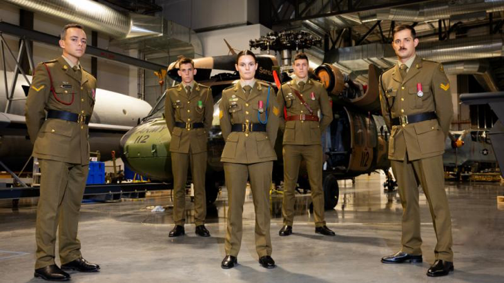 The 2024 recipients of the Jonathan Church Good Soldiering award, from left Lance Corporal Lachlan Goulding, Private Caleb Walker, Sergeant L, Lieutenant Lachlan Maill and Corporal Jordan Neal, during a tour of the Australian War Memorial Annex, Canberra. Story and photo by Leading Seaman Nadav Harel.