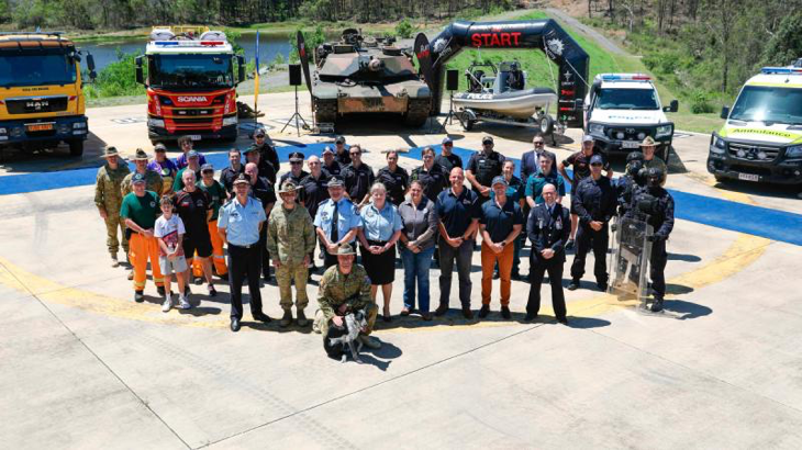 Personnel from the Army, Queensland police, ambulance, and fire and emergency services, and other attendees with their vehicles at the Run Army 2024 launch held at Gallipoli Barracks, Enoggera. Story by Corporal Melina Young. Photo by Aircraftwoman Nell Bradbury.