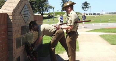 Commanding Officer 5th Combat Service Support Battalion, Lieutenant Colonel Benjamin Shaw, and Regimental Sergeant Major, Warrant Officer Class One Matthew Ryan, lay a wreath as part of the commemoration of the 1954 Stockton Bight Disaster.