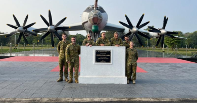 Gap year personnel with a static display at Indian Naval Station Rajali, Naval Air Base, Arakkonam, Tamil Nadu India. From left, Leading Aircraftman Jason Grant, Aircraftwomen Ella Johnstone and Caitlan Williams, Aircraftmen Luke O'Brien and Garrison Asciak, and Aircraftwomen Maddison Fordred and Ebony Jones. Story by Flight Lieutenant Nancye Houston. Photo by Leading Aircraftman Jason Grant.