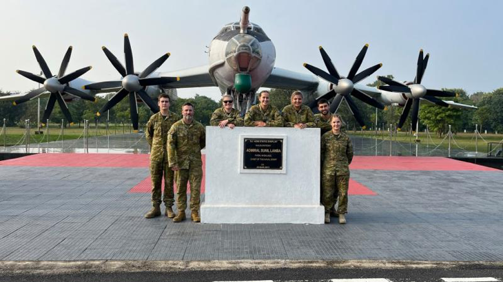 Gap year personnel with a static display at Indian Naval Station Rajali, Naval Air Base, Arakkonam, Tamil Nadu India. From left, Leading Aircraftman Jason Grant, Aircraftwomen Ella Johnstone and Caitlan Williams, Aircraftmen Luke O'Brien and Garrison Asciak, and Aircraftwomen Maddison Fordred and Ebony Jones. Story by Flight Lieutenant Nancye Houston. Photo by Leading Aircraftman Jason Grant.