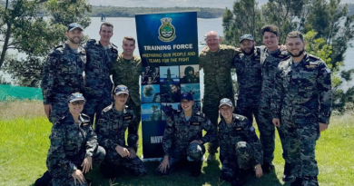 Attendees of the Maritime Warfare Officer Course at HMAS Stirling. Front row, Midshipmans Hannah Lunnon, Jaxon Shingles, Sienna Jordan and Gabrielle Mader. Back row, Midshipmans Elliot Mitchell and Ryan Miller, Captains James Reidy and James McWilliam, Lieutenant Ryan Glister, and Midshipmans William Swift and Abdelkader Mazouzi. Story by Antony Prgomet.