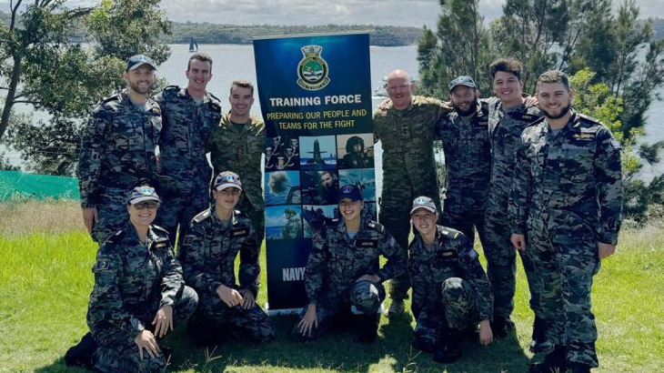 Attendees of the Maritime Warfare Officer Course at HMAS Stirling. Front row, Midshipmans Hannah Lunnon, Jaxon Shingles, Sienna Jordan and Gabrielle Mader. Back row, Midshipmans Elliot Mitchell and Ryan Miller, Captains James Reidy and James McWilliam, Lieutenant Ryan Glister, and Midshipmans William Swift and Abdelkader Mazouzi. Story by Antony Prgomet.