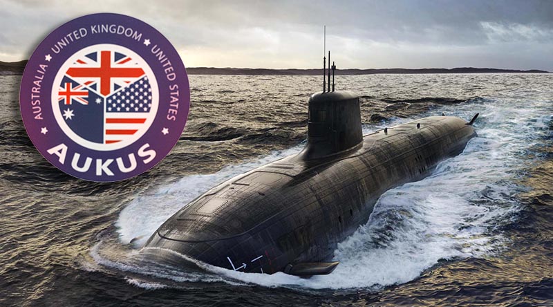 Artists concept of a possible SSN-AUKUS, Australia's future nuclear-powered submarine, with AUKUS logo. Image supplied.