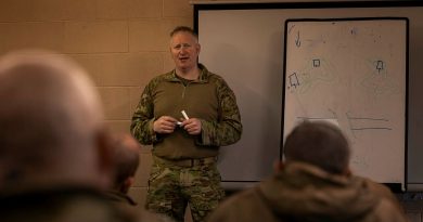 An Australian Army soldier delivers a Platoon and Company Sergeants Battle Course lesson to Armed Forces of Ukraine personnel in the United Kingdom during March for Operation Kudu. (Image has been digitally altered for security purposes.) Story by Lieutenant Carolyn Martin. Photos by Corporal Nicole Dorrett.