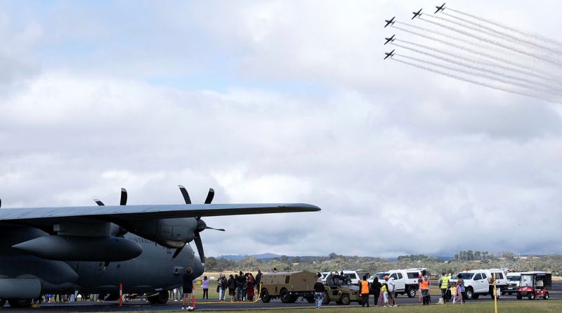 The Roulettes aerobatic display team thrills at the Canberra Airport open day with formation flying in their PC-21 aircraft over the event crowd and a C-130J Hercules. Story by Flight Lieutenant Rob Hodgson. Photos by Flight Sergeant Kev Berriman.