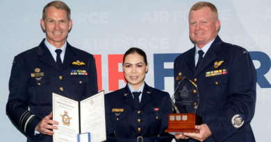 Chief of Air Force Air Marshal Robert Chipman, left and Warrant Officer of the Air Force Ralph Clifton, right, present the Enlisted Aviator of the Year Award to Corporal Kbora Ali. Story by Flying Officer Kate Kiely. Photos by Flight Sergeant Kev Berriman.