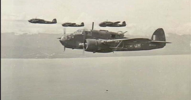 Four RAAF 100 Squadron Beaufort Bombers head for Wewak, North New Guinea, in 1945. Photo provided by the Australian War Memorial / OG3365