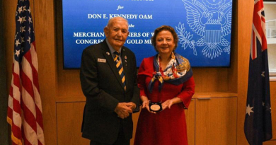 Merchant Navy veteran Don Kennedy receives the Merchant Mariners of WW2 Congressional Gold Medal from US Consul General Christine Elder at a ceremony in Sydney, NSW. Story by Lieutenant Marie Davies.