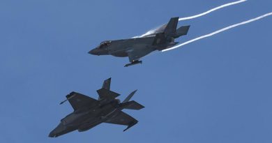 F-35A Lightning II aircraft A35-020 breaks away from A35-038 in readiness to land at RAAF Base Williamtown during Exercise Diamond Shield 24. Photo by Leading Aircraftman Kurt Lewis.