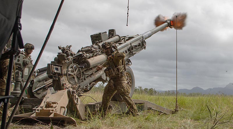 Australian Army soldiers from the 1st Regiment, Royal Australian Artillery, fire an M777 howitzer during a live-fire exercise at Shoalwater Bay Training Area. Photo by Private Andrew Shaw.